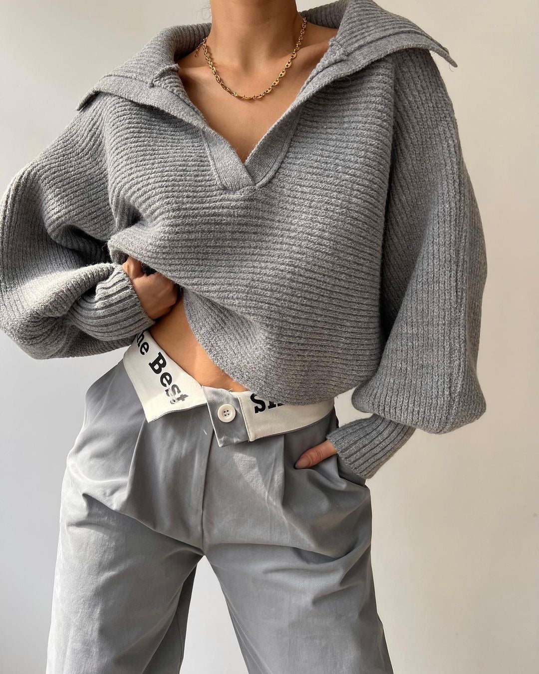 Grey Wide Collared Solid Sweater
