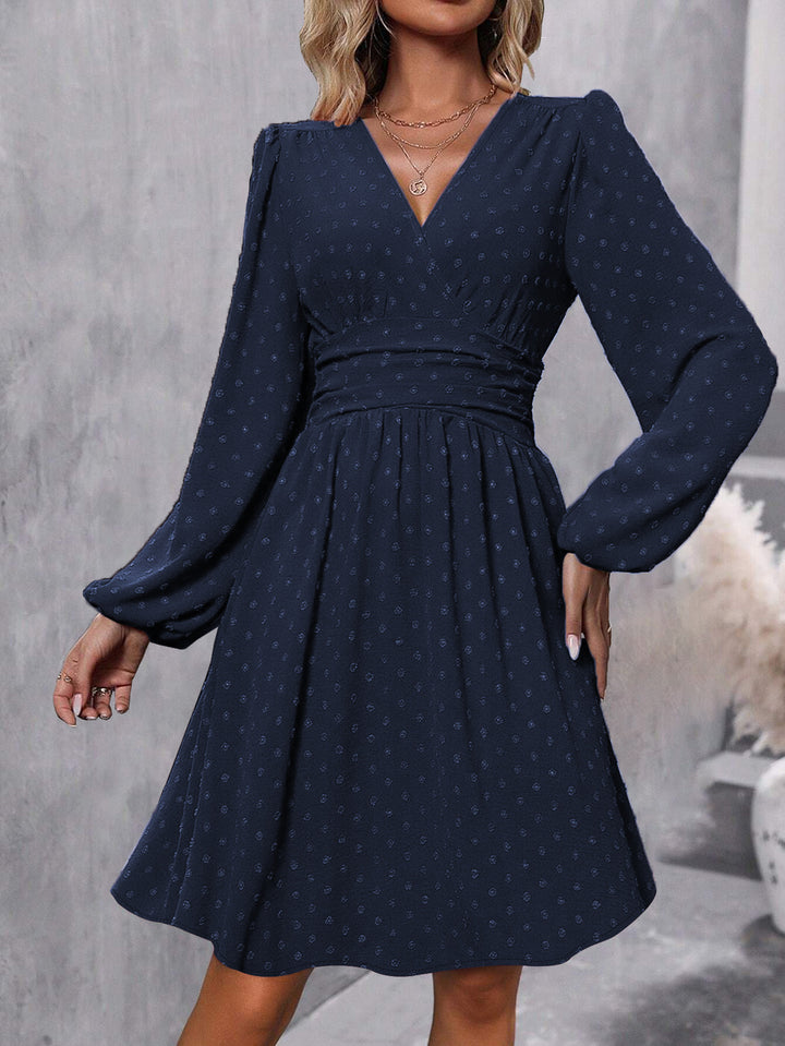 Navy Bishop Sleeve V Neck Flared Dress