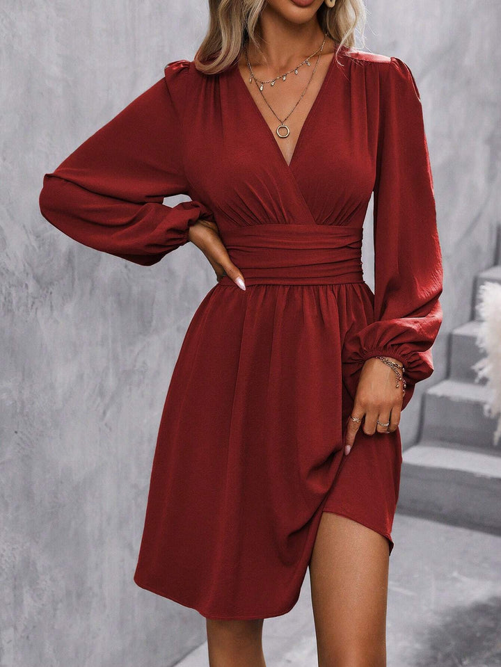 Red Bishop Sleeve V Neck Dress