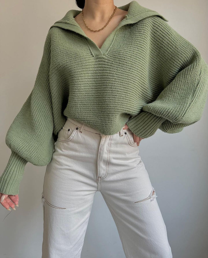 Olive Wide Collared Solid Sweater