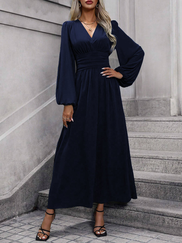 Navy Bishop Sleeve V Neck Flared Side Slit Dress