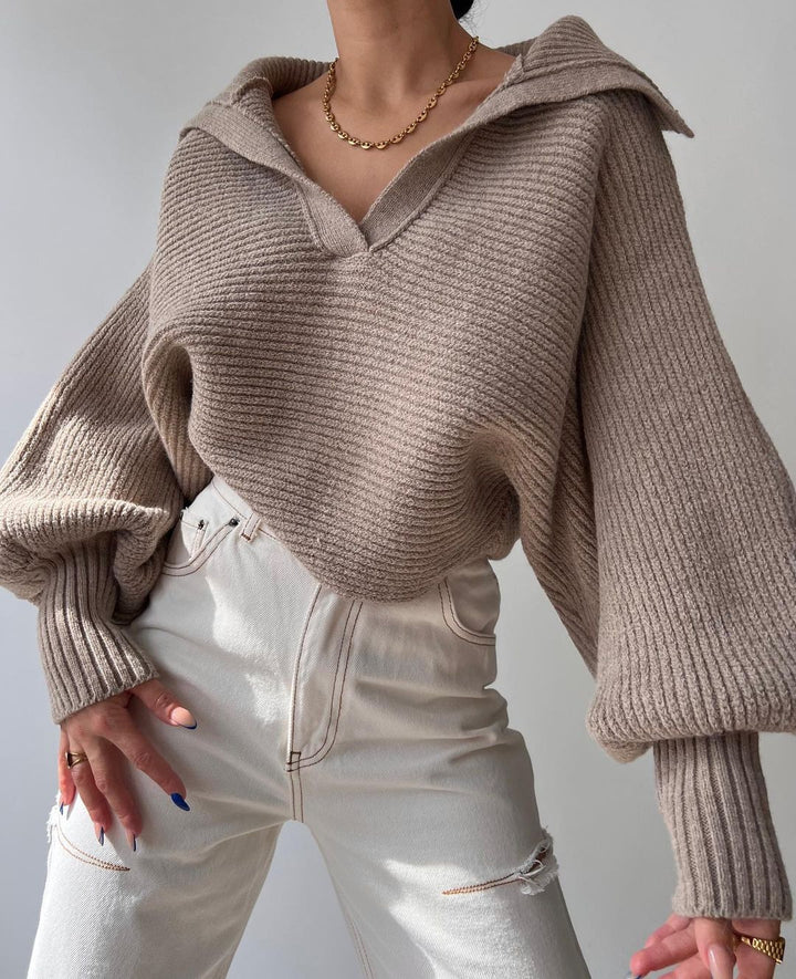 Taupe Wide Collared Solid Sweater