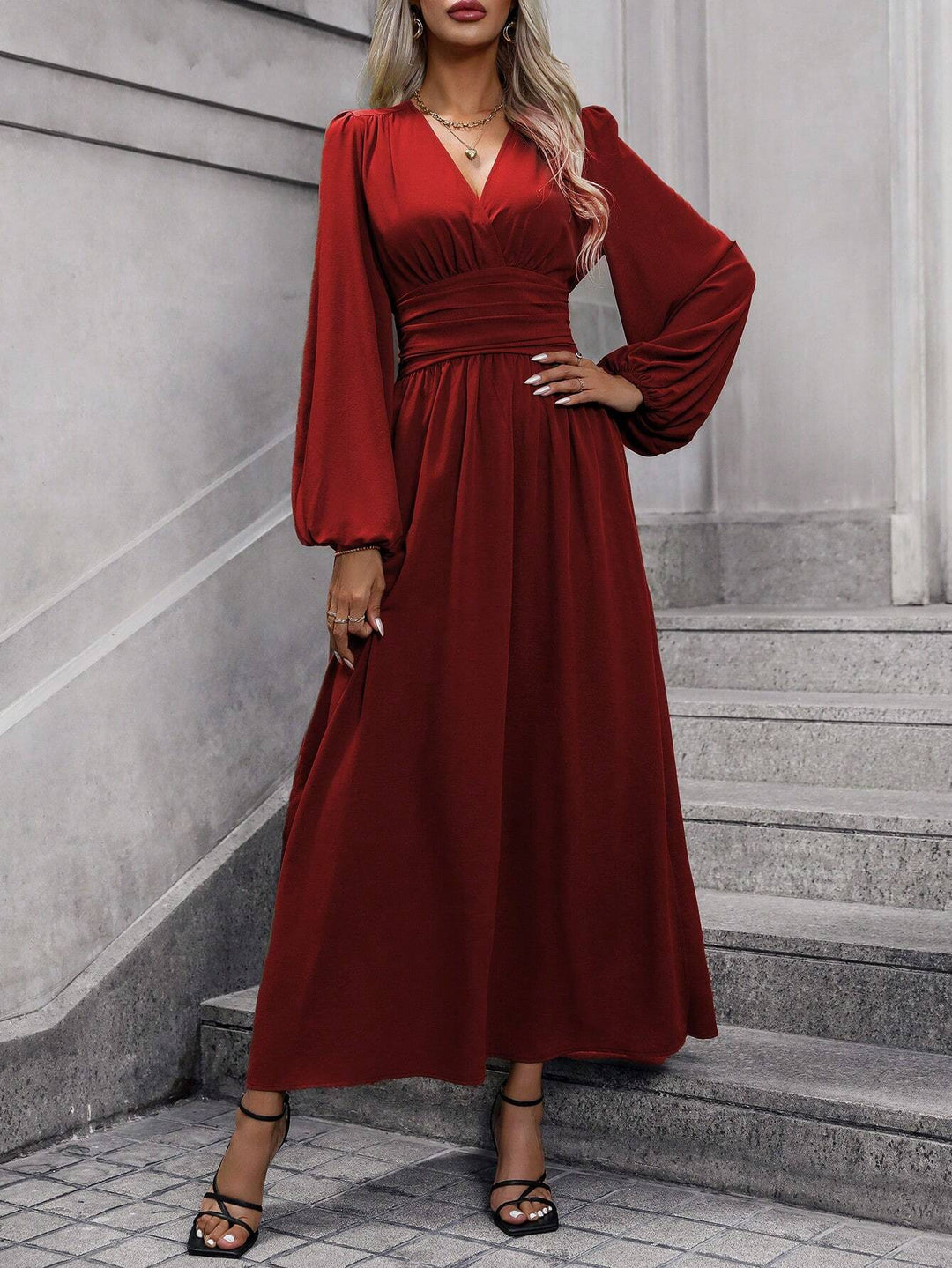 Red Bishop Sleeve V Neck Flared Side Slit Dress