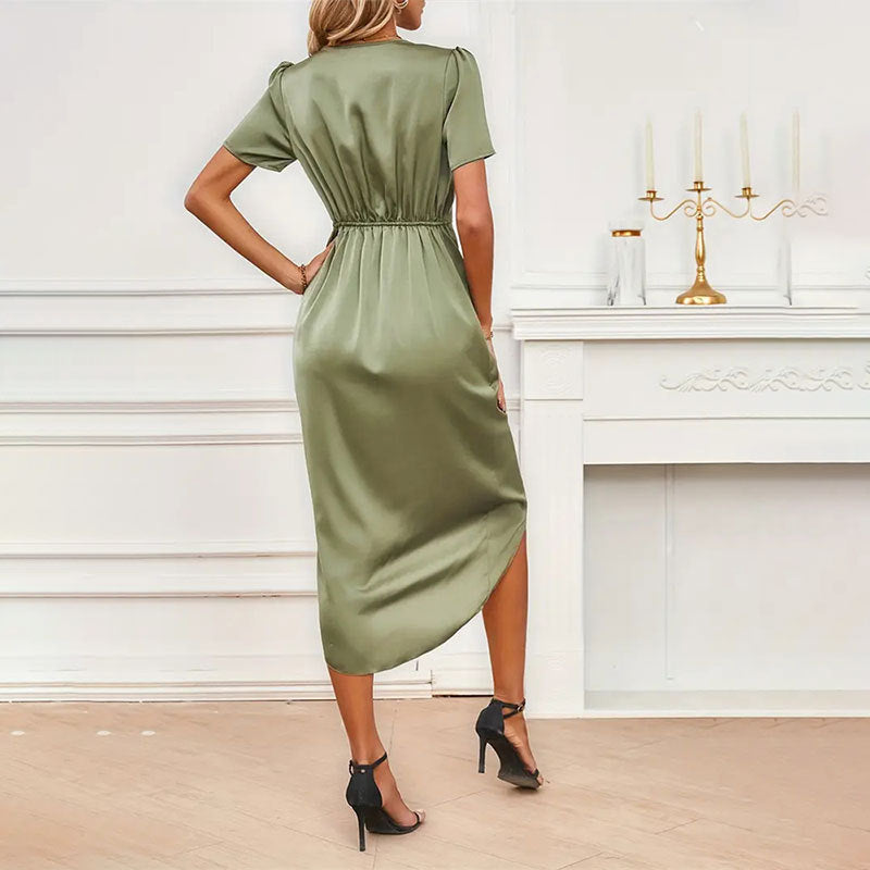 Sage Green Short Sleeve V Neck Wrap Dress