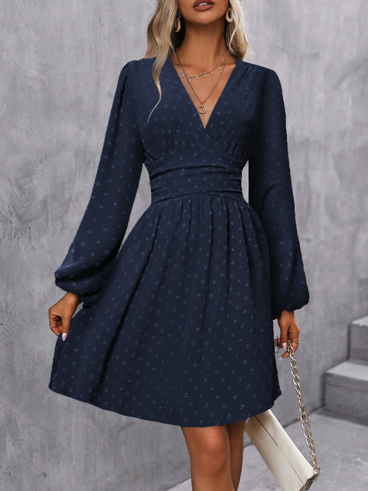 Navy Bishop Sleeve V Neck Flared Dress