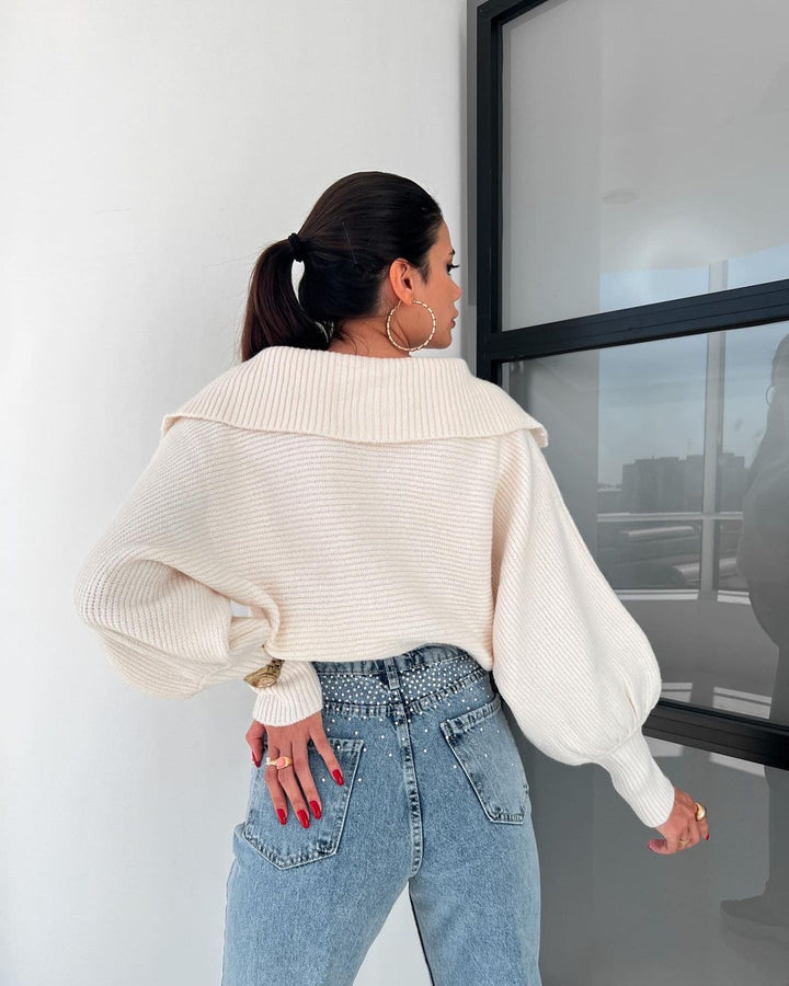 White Wide Collared Solid Sweater