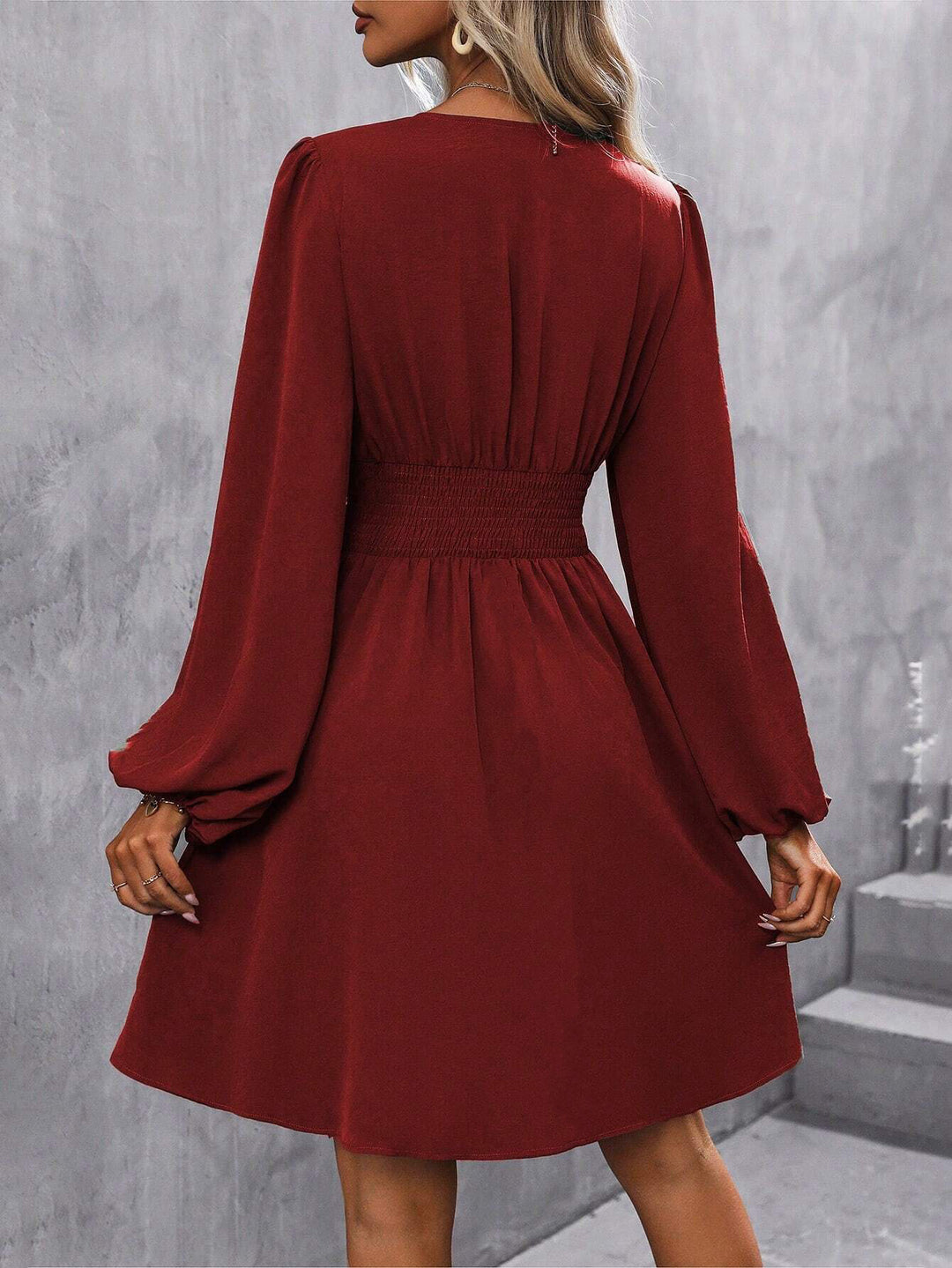 Red Bishop Sleeve V Neck Dress