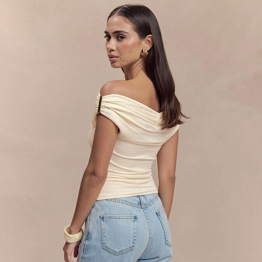 Cream Off-Shoulder Fitted Top With Ruched Bodice