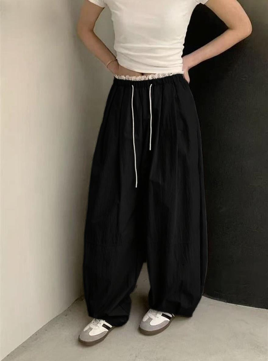 Black Frill Waist Cargo Pants