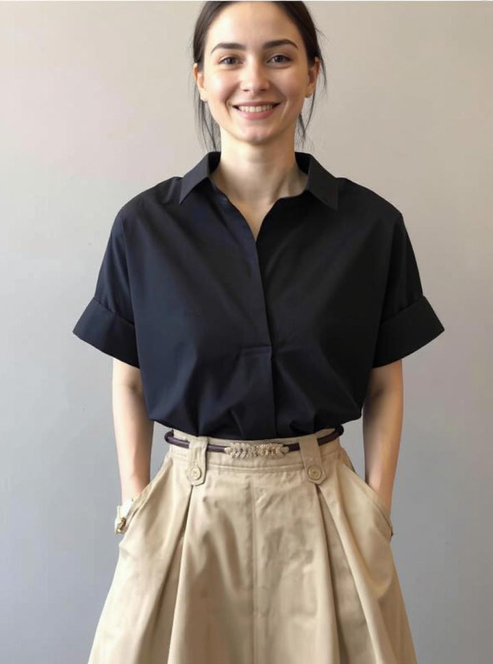 Black Boxy Shirt With Short Sleeves