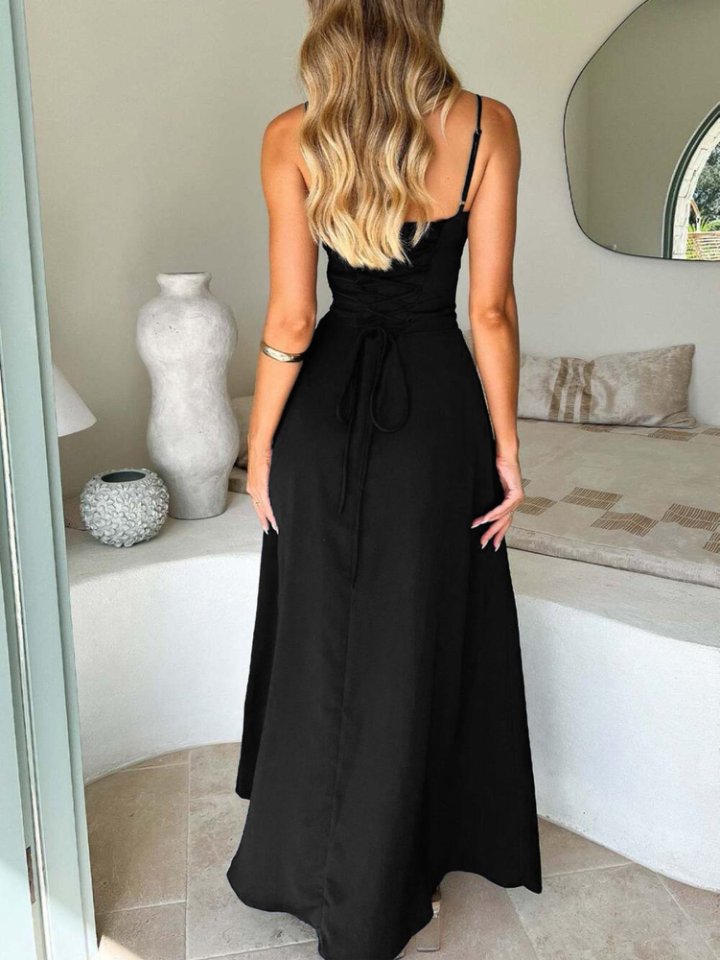 Black Cinched Waist Solid Fit & Flare Maxi