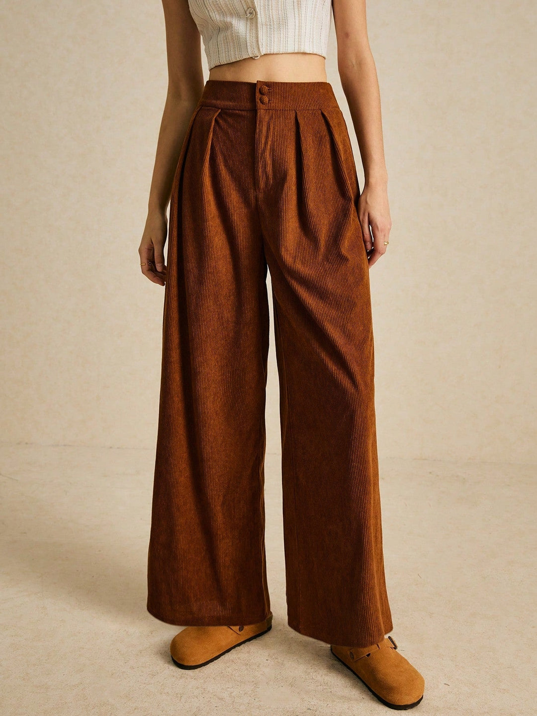 Brown Waist Buttoned Corduroy Pant