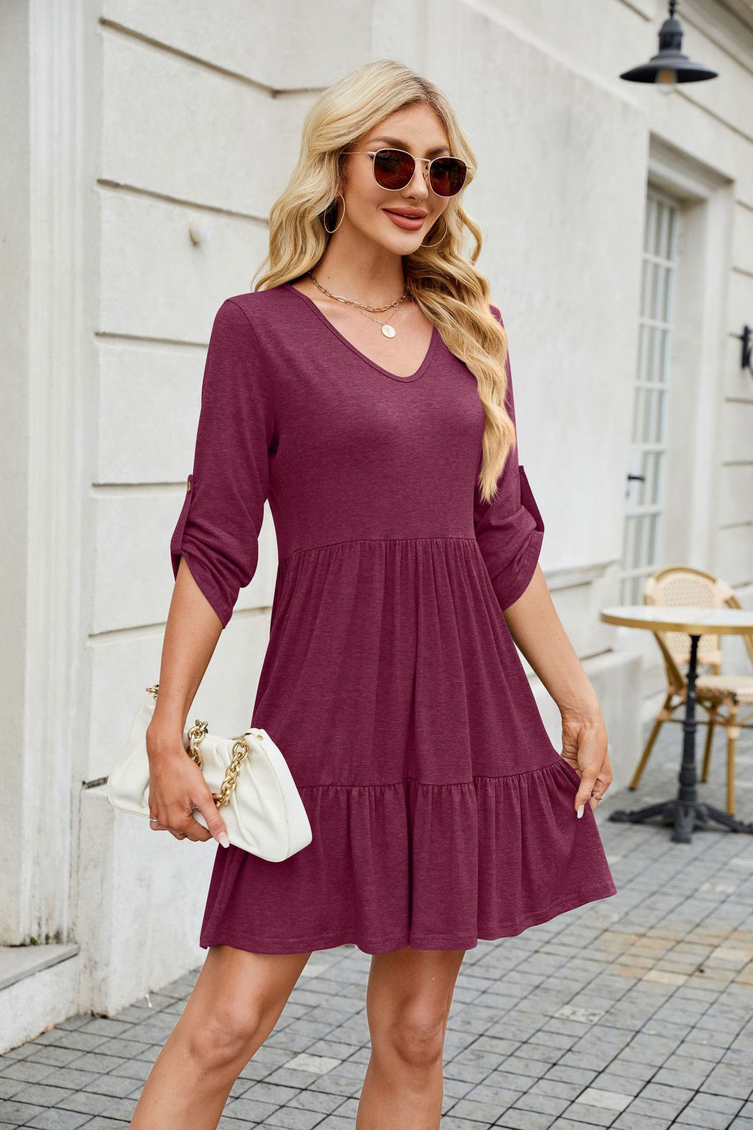 Maroon Button Up Sleeves Scoop Neck Dress
