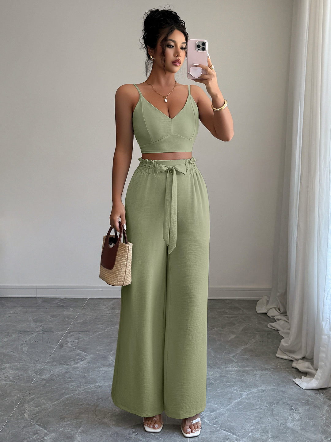 Olive Cami Top And Pants Co-Ord Set