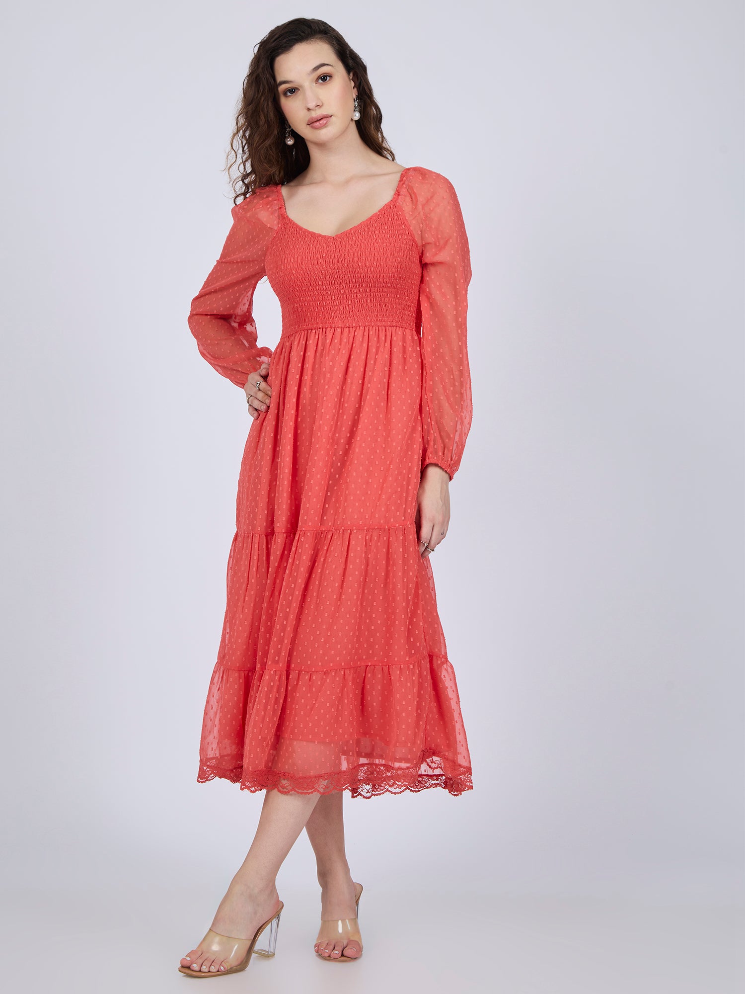 Coral Tiered Midi Dress