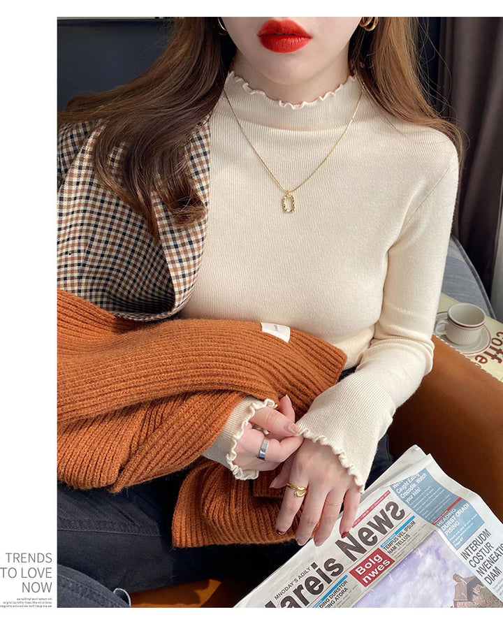Cream Full Sleeve Scallop Hem Mock Neck Fitted Top