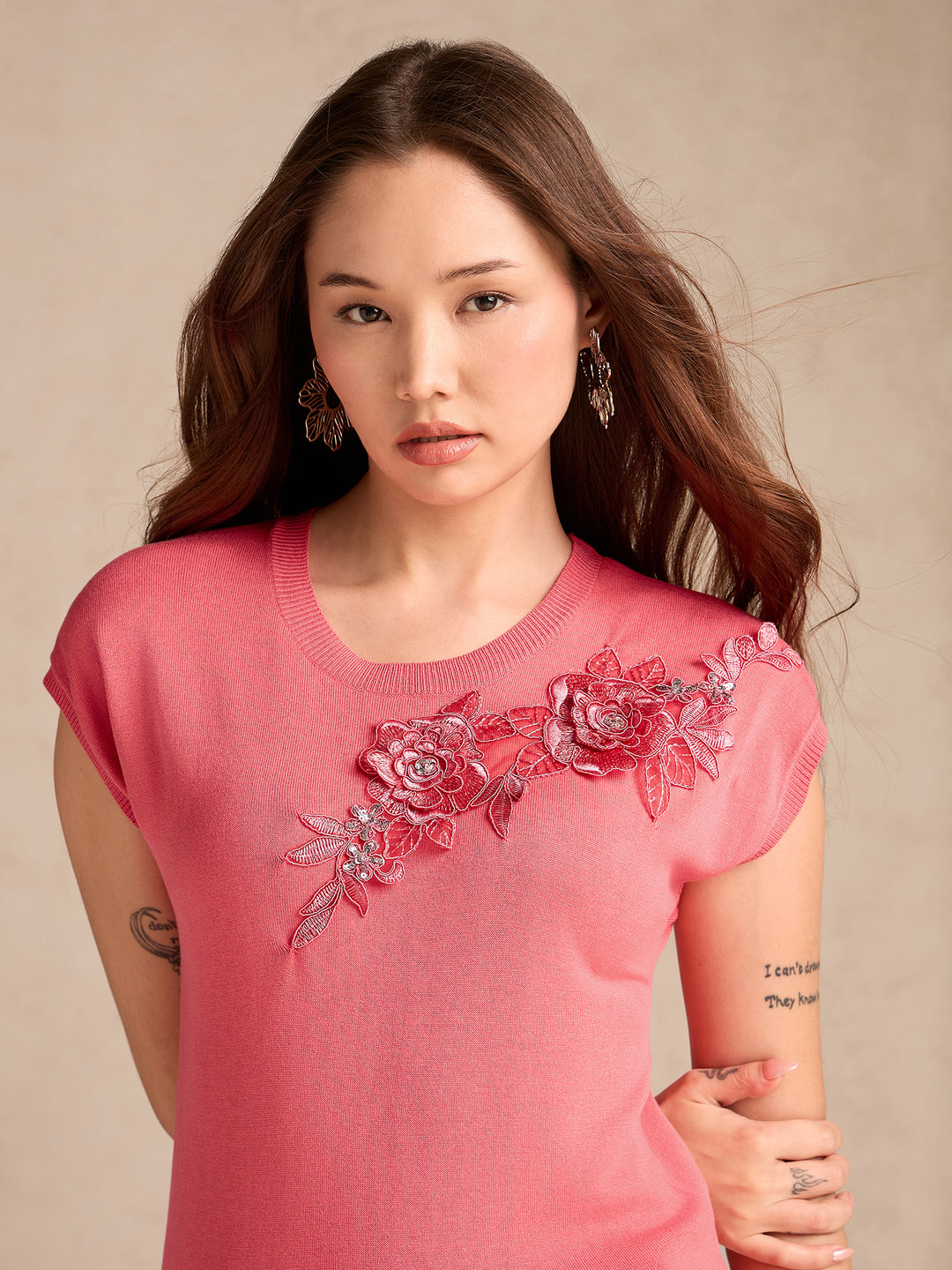 Pink Relaxed Knitted Embroidered Top
