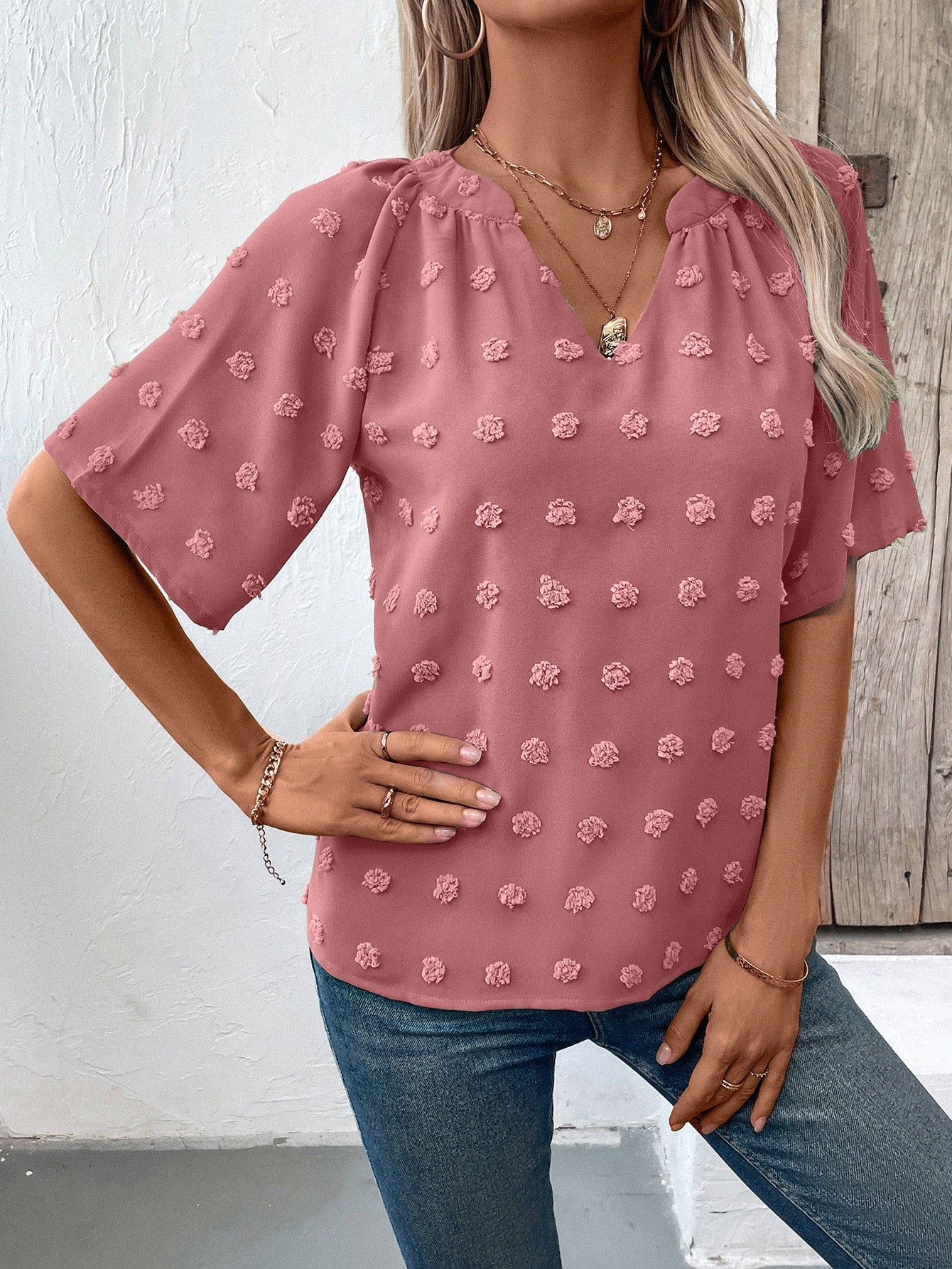 Pink V- Neck Short Sleeve Top