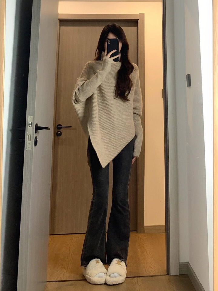 Taupe Full Sleeve Turtle Neck Asymmetrical Hem Sweater