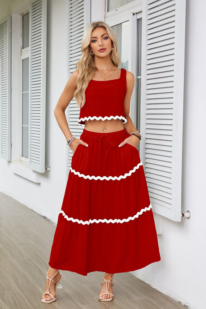 Red Contrast Tipping Top And Skirt Co-Ord Set