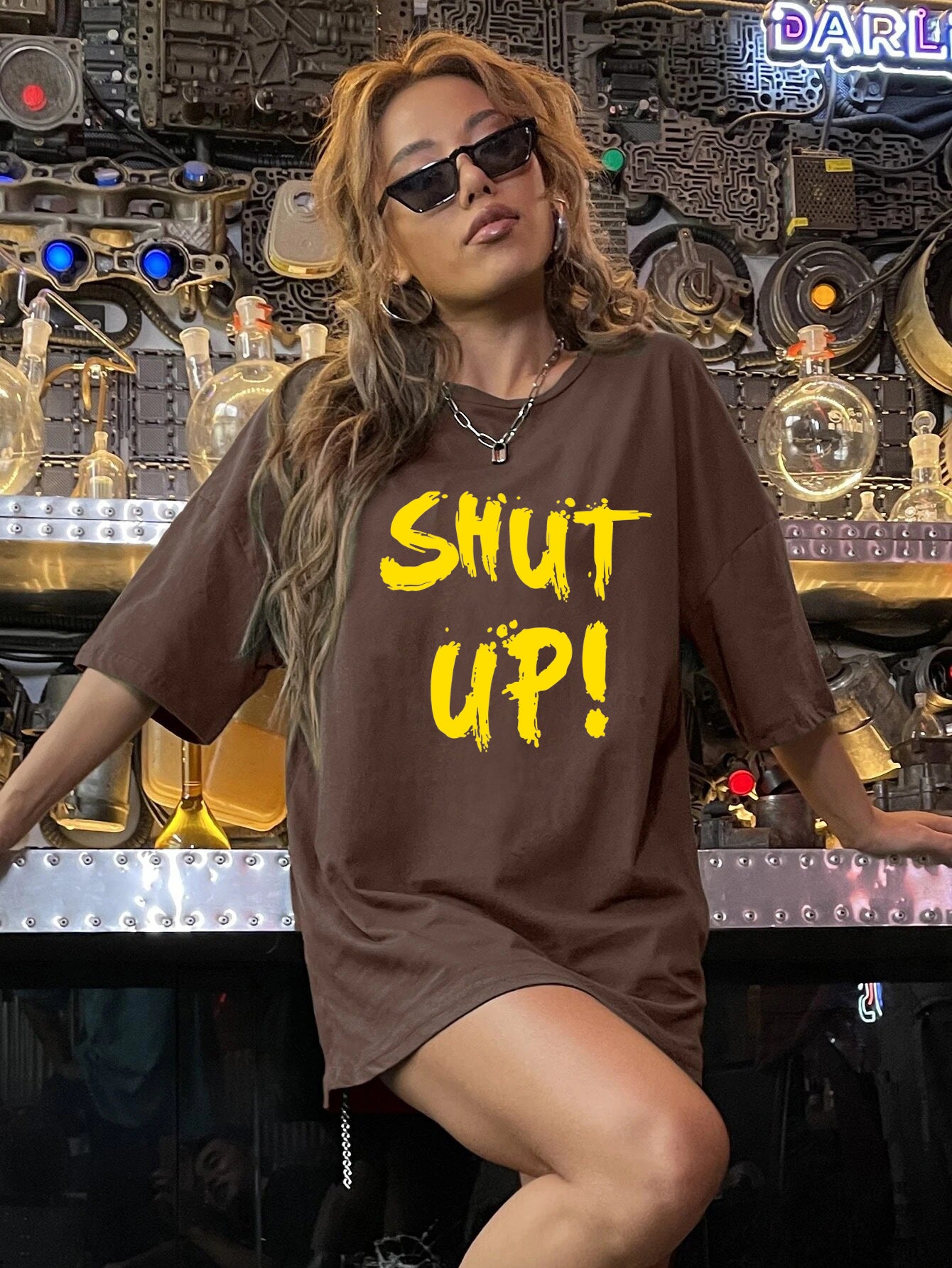 Brown Chest Print Graphic T-Shirt