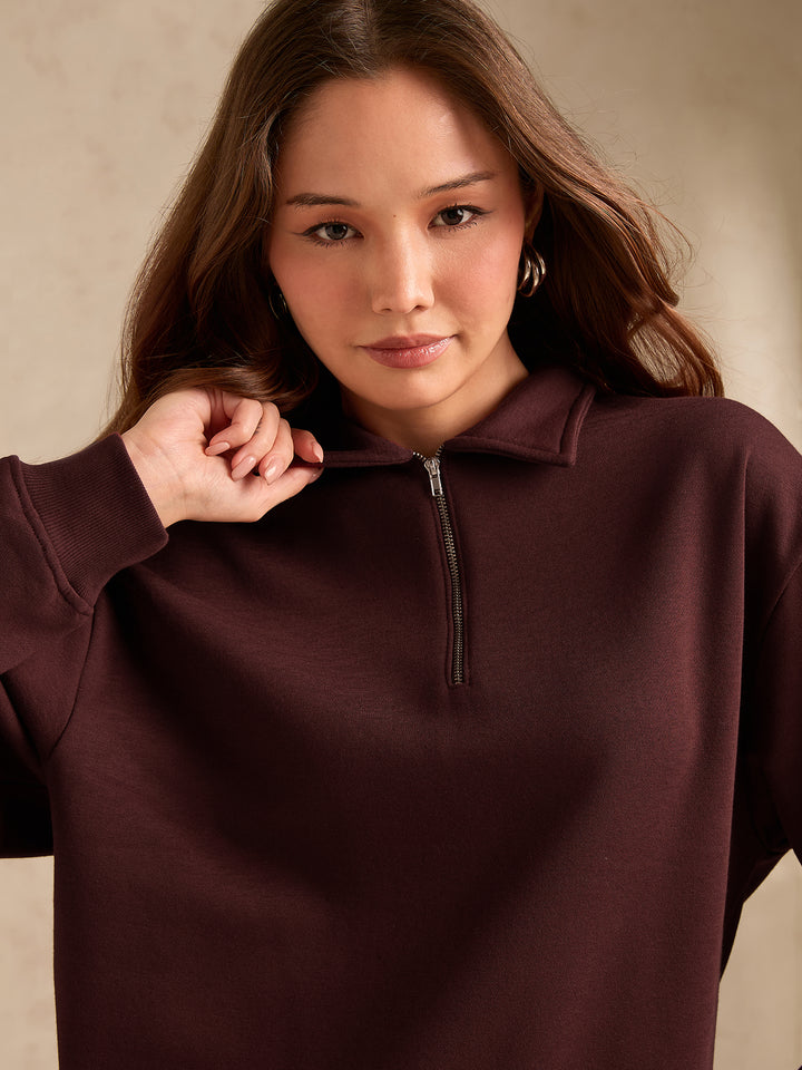 Brown Solid Oversized Zipper Sweatshirt