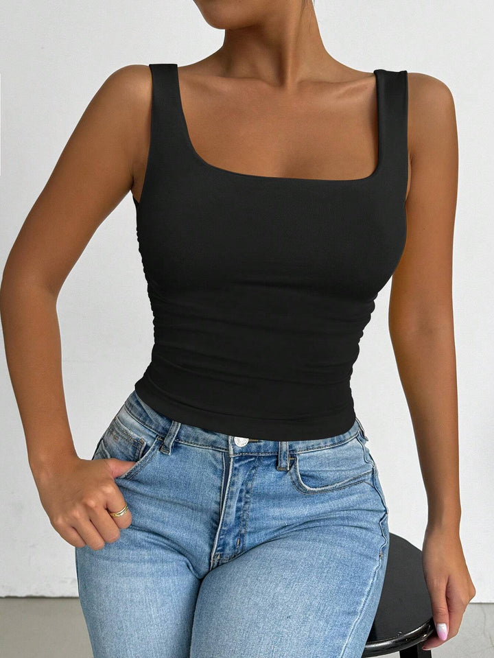 Black Wide Shoulder Strap Round Neck Top