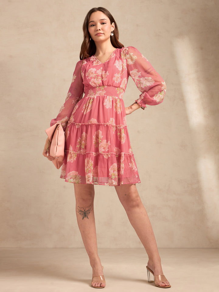 Pink Printed Full Sleeves Waist Smoked Dress