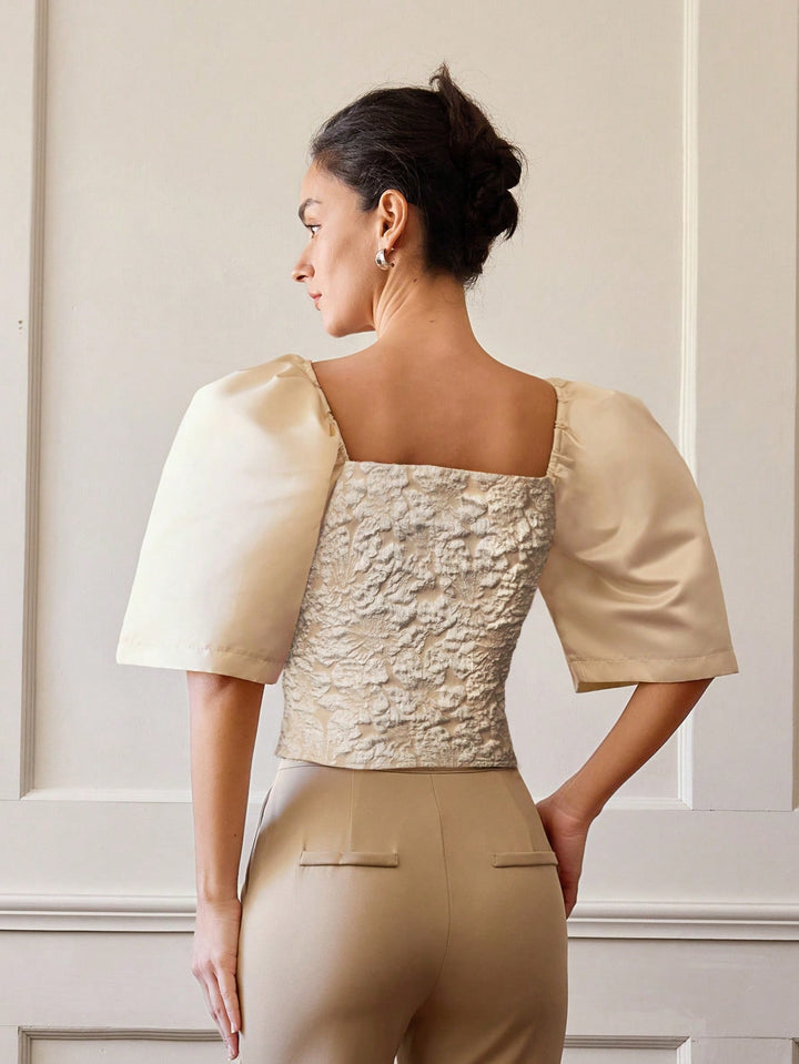 Beige Floral Textured Fitted Top