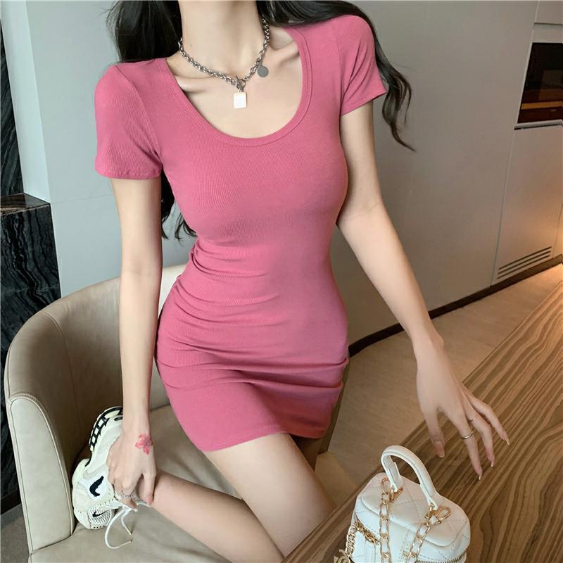 Pink U Neck Fitted Dress
