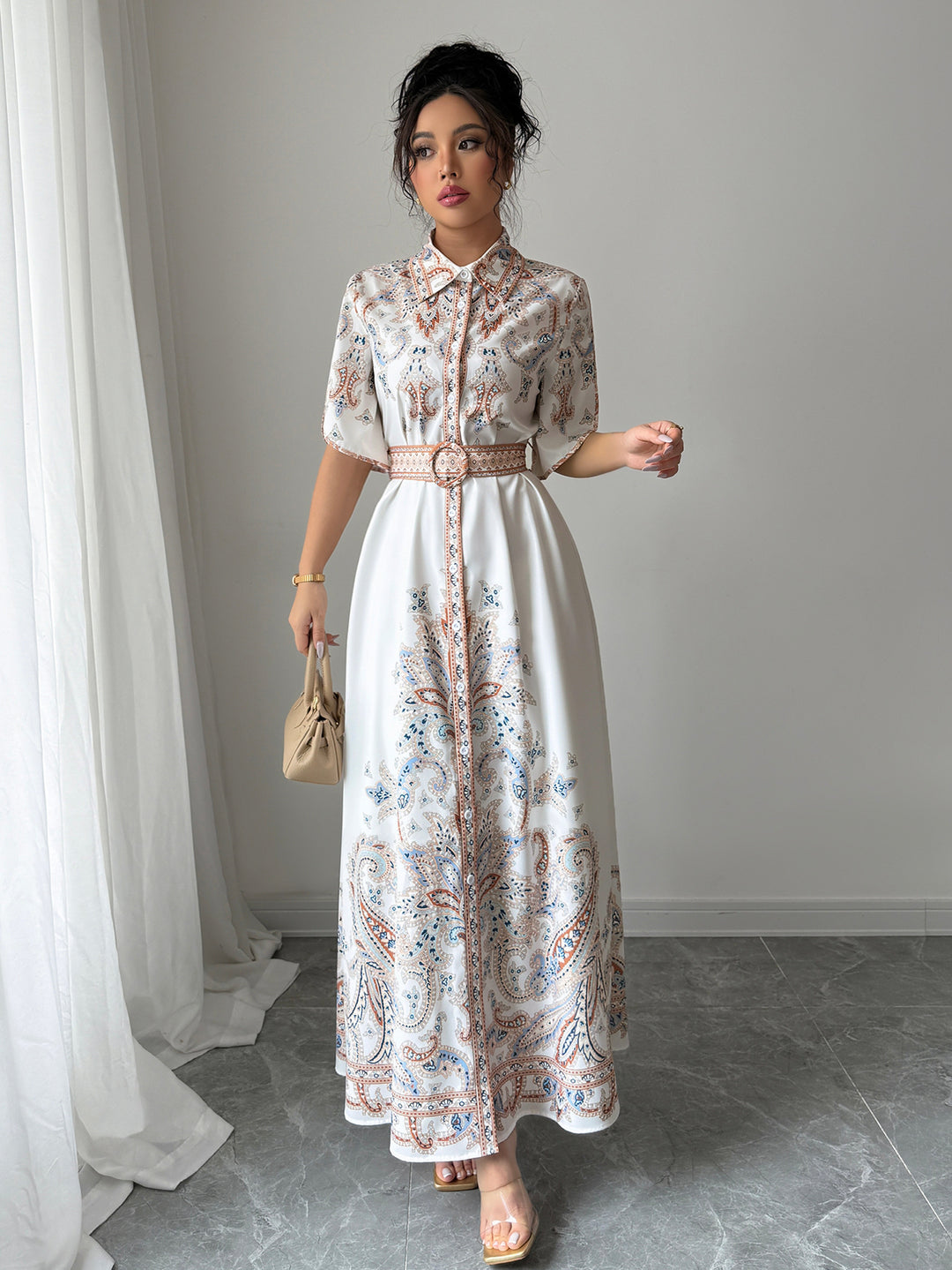 White Button Down Printed Shirt Dress