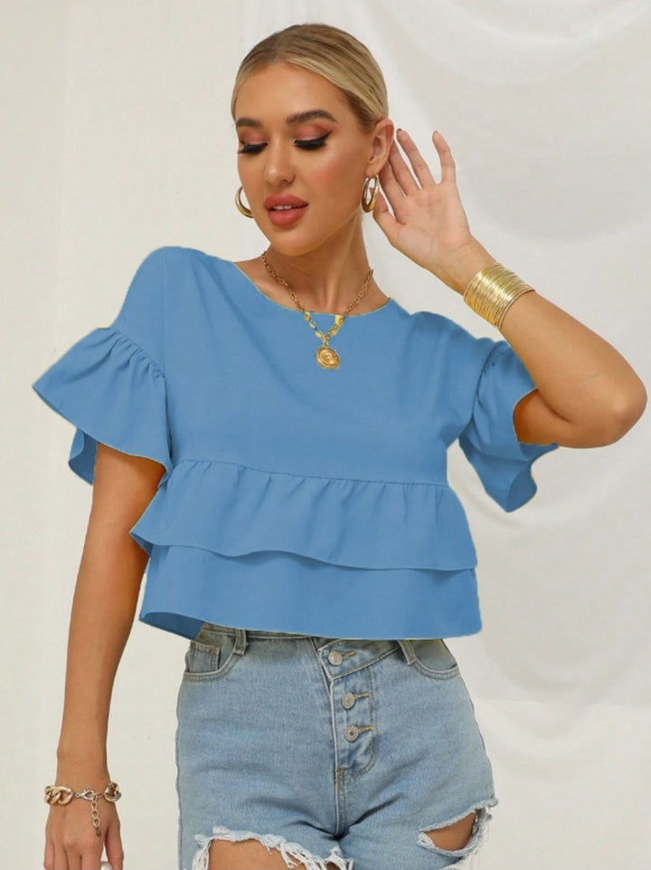Blue Ruffle Hem Peplum Top