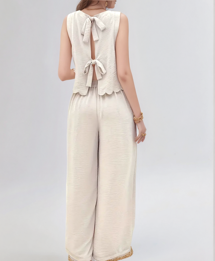 Off White Sleeveless Scallop Hem  Back Tie Top Up And Pant Set