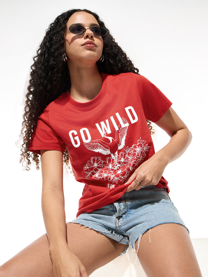 Red Crew Neck Graphic Tshirt