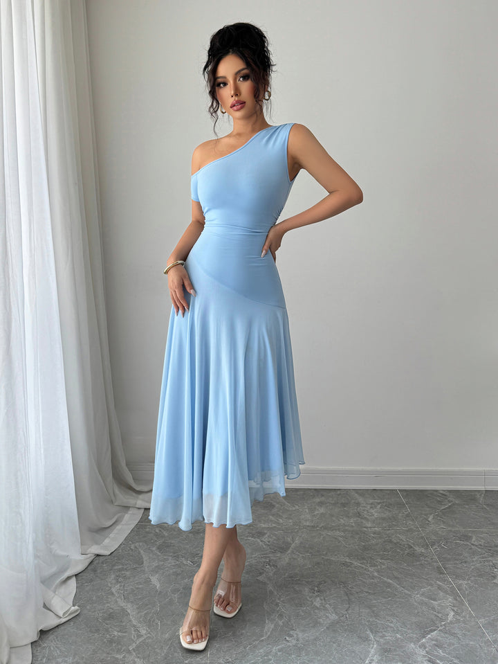 Blue One Shoulder Sleeveless Pleated Dress