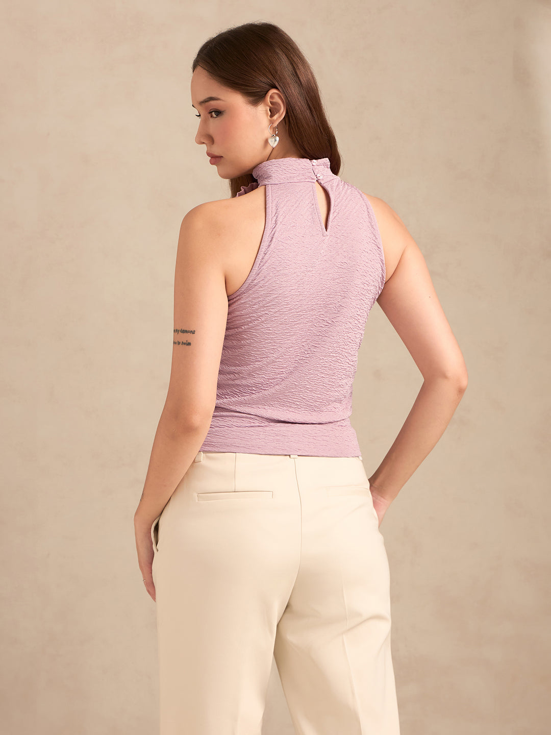 Pink Textured Solid Halter Neck Tank