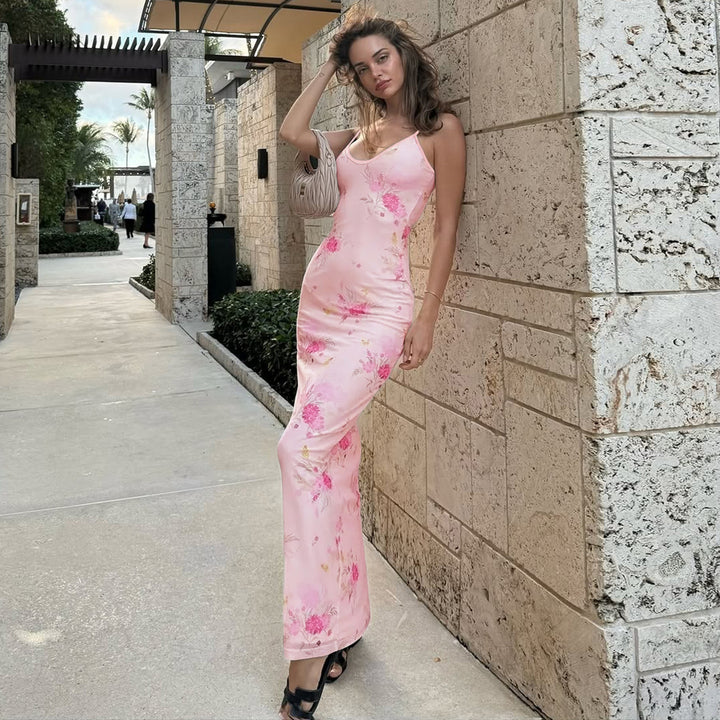Pink Spaghetti Strap Floral Printed Bodycon Dress