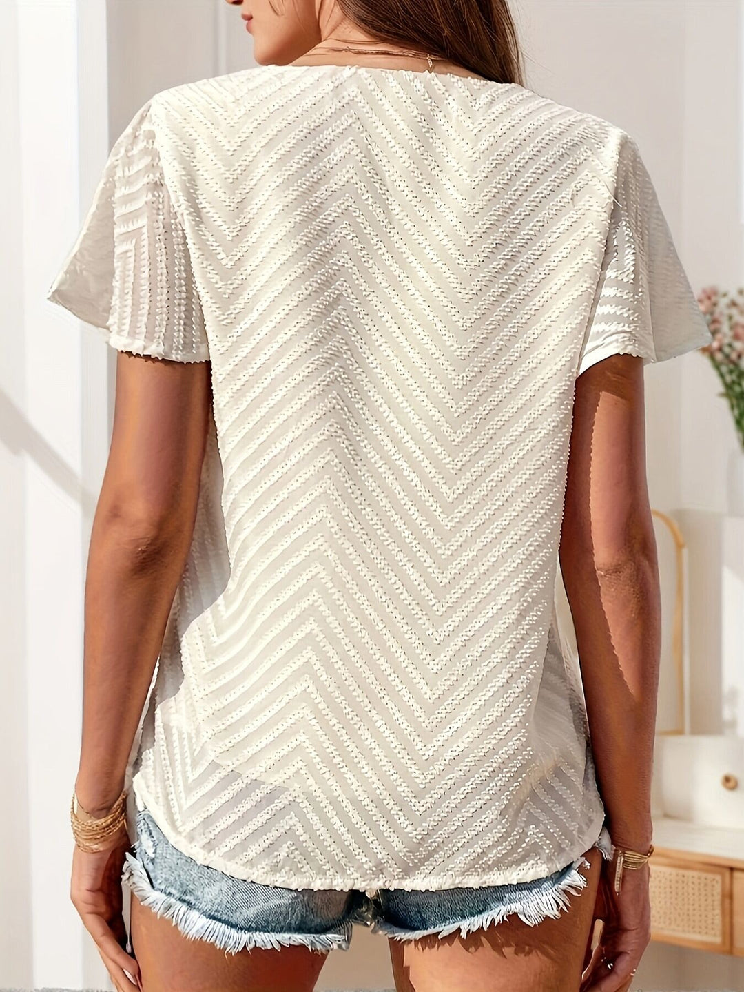 Beige Dobby V Neck Top
