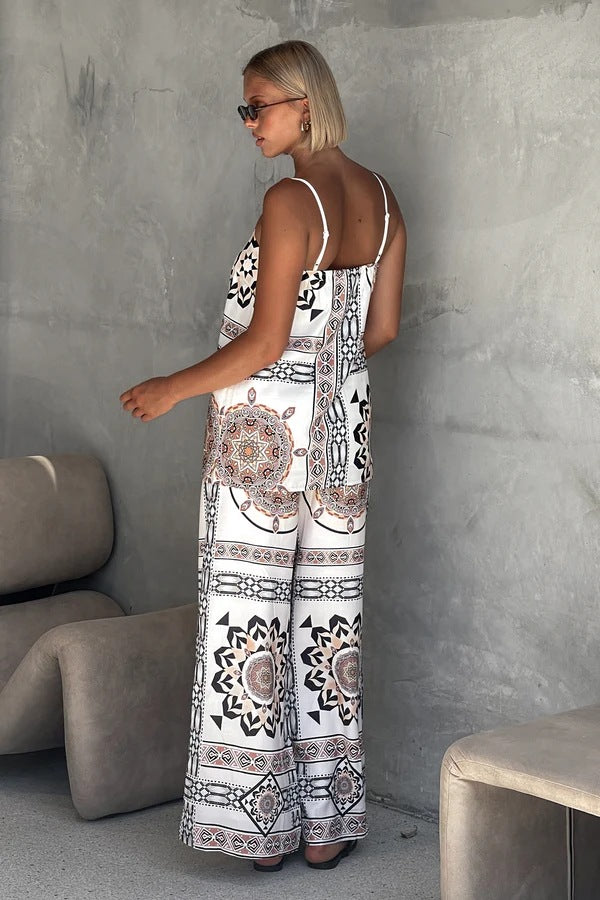 Blue Spaghetti Strap Abstract Printed Top & Pant Set