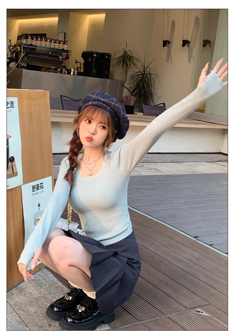 Light Blue Full Sleeve Round U Neck Fitted Top