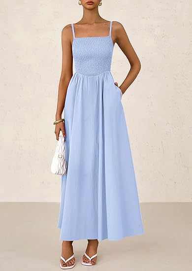 Blue Strappy Square Neck Cinched Waist Dress With Pockets