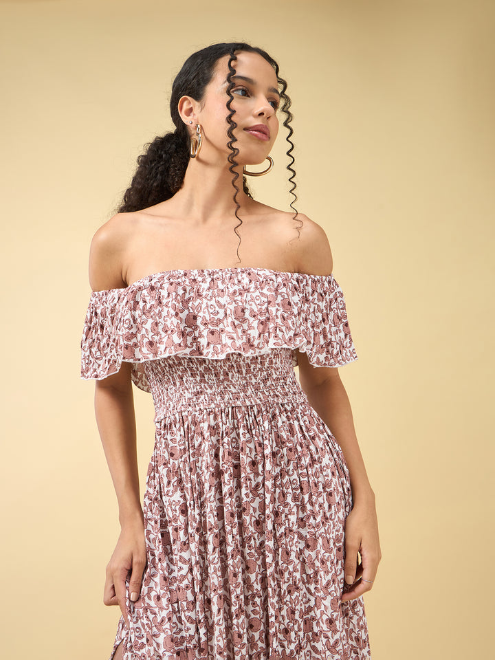 Beige Off Shoulder High Slit Dress