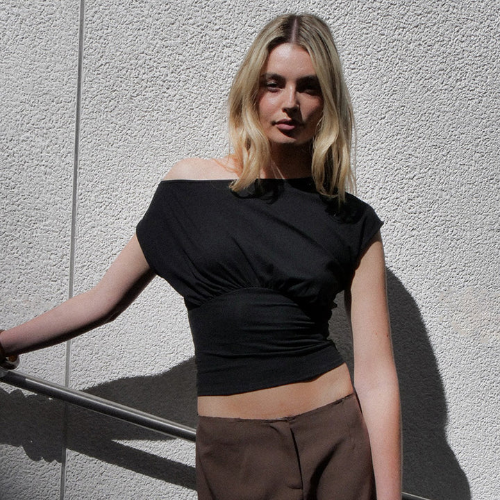 Black One-Shoulder Ruched Crop Top