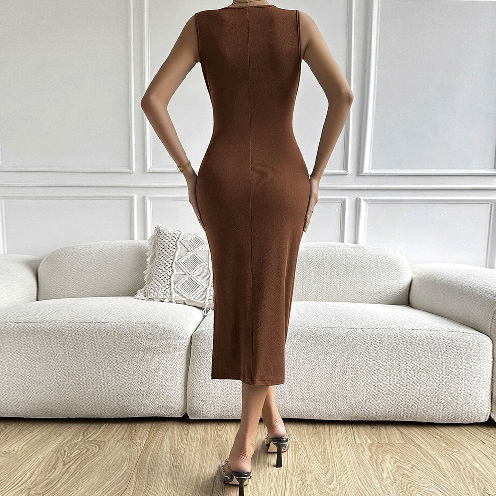 Brown Sleeveless Front Knot Twisted Dress