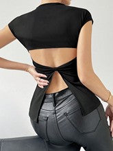 Black Round Neck Back Detail Top