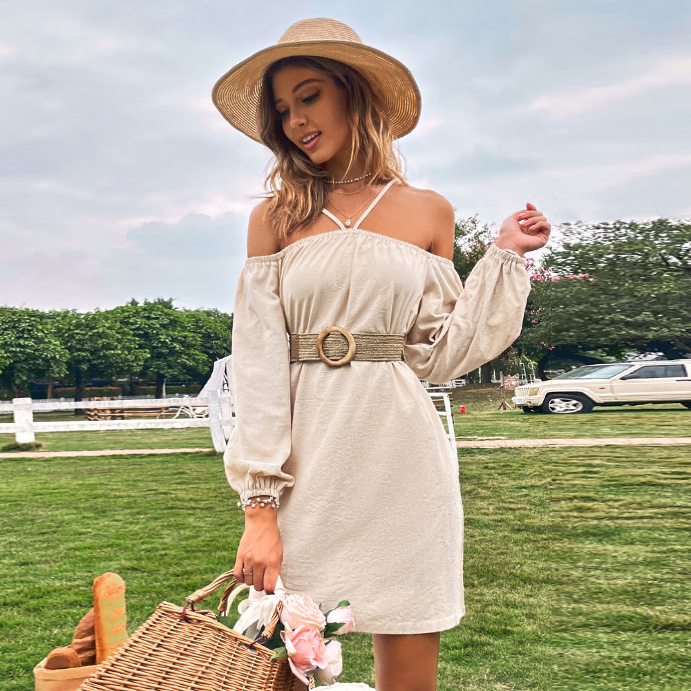 Khaki  Cold Shoulder Bishop Sleeve Dress