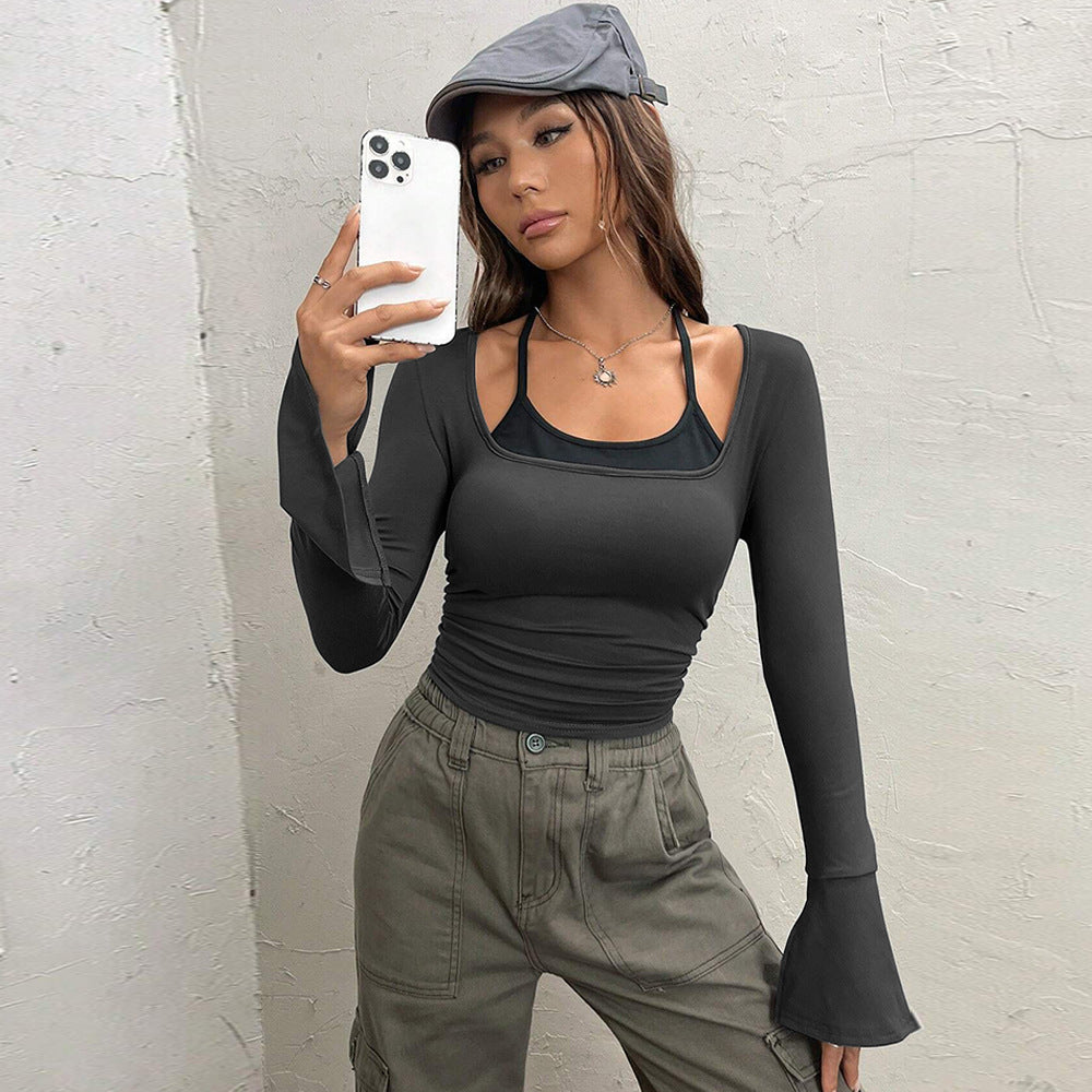 Grey Scoop Neck Body-Hugging Top