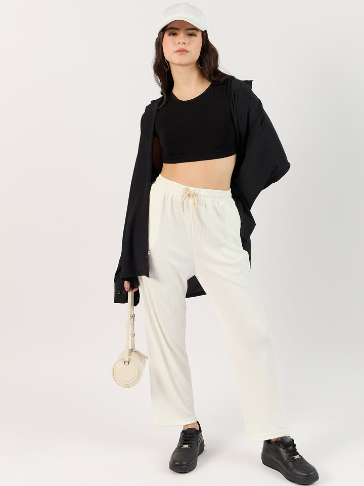 Solid White Textured Wide Leg Trouser