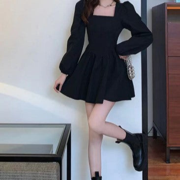Black Square Neck Full Sleeve Fit And Flare Dress