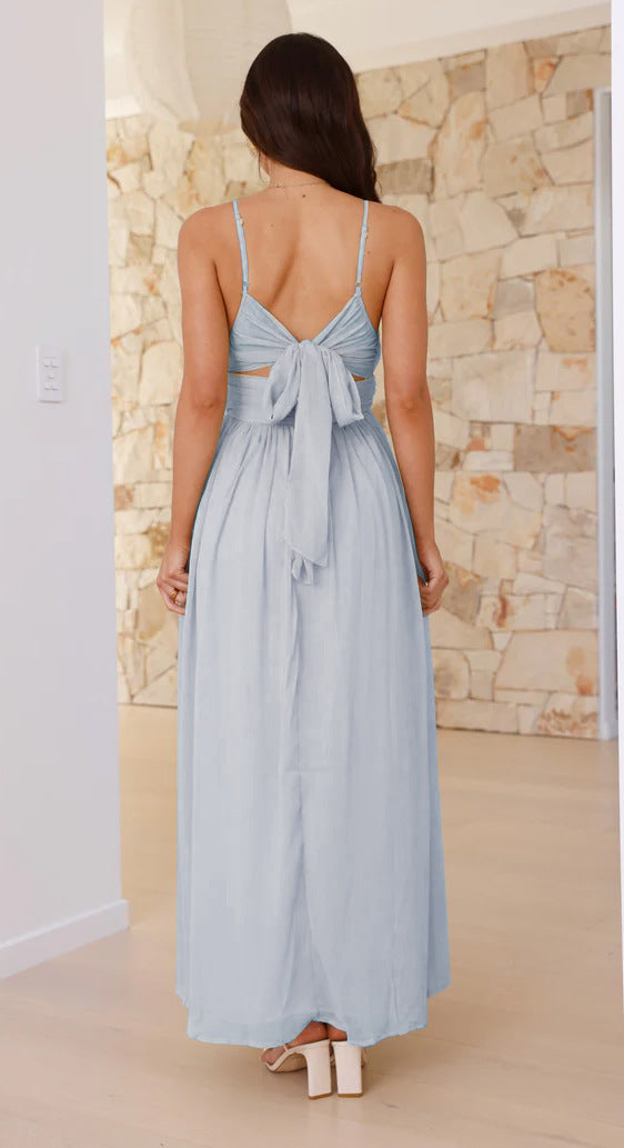Blue Plunge Neck Flowy Maxi